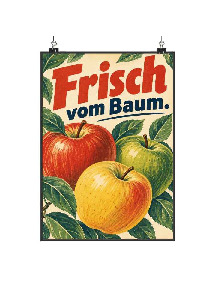 Kunstdruck Apfel nostalgisch Design mit Spruch in Weiß
