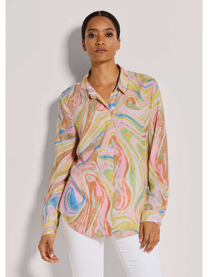 Longbluse mit Unikat-Print in weiß / gelb / blau