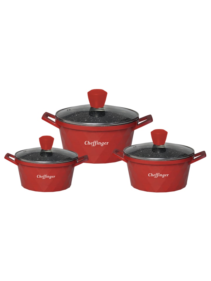 3er-Set Aluguss Kochtopf mit Glasdeckel in Rot