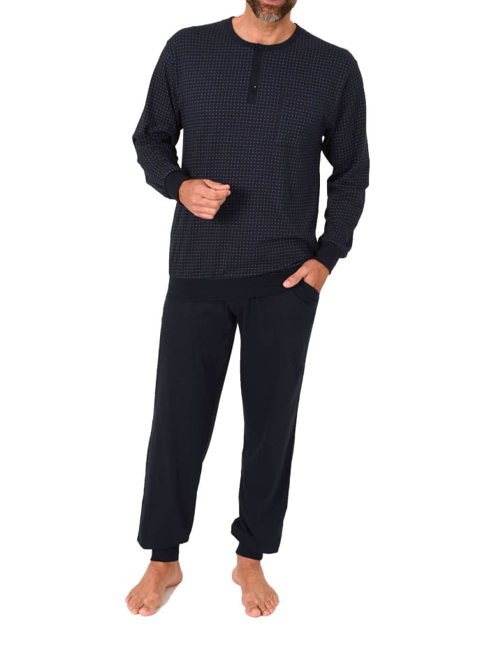 Langarm Schlafanzug Pyjama Bündchen Alloverprint 125 101 90 514 in marine