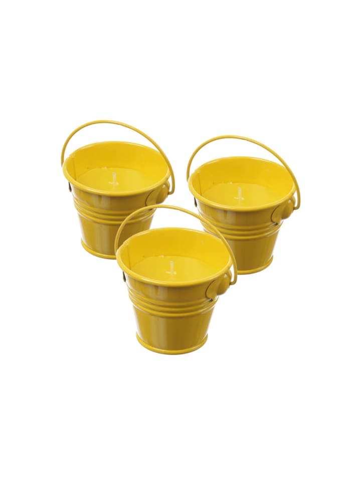 3x Duftkerzen Citronella im Metalleimer Outdoorkerzen H: 5,5cm in gelb
