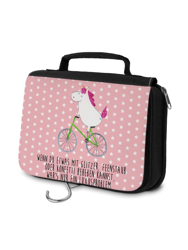 Kosmetiktasche Einhorn Radfahrer mit Spruch in Rot Pastell