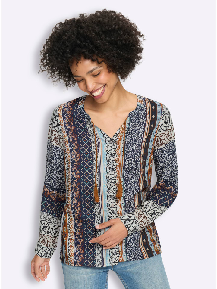 Druckbluse in marine-champagner-bedruckt