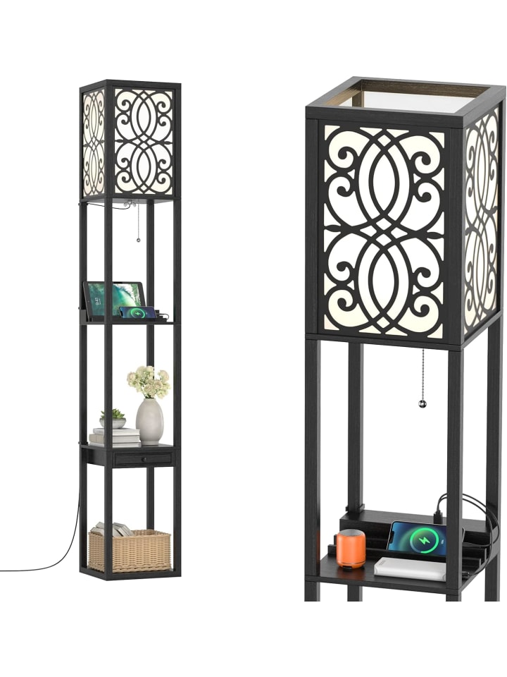 Bodenlampe mit Regal in Schwarz