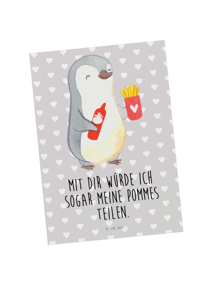 Postkarte Pinguin Pommes mit Spruch in Grau Pastell