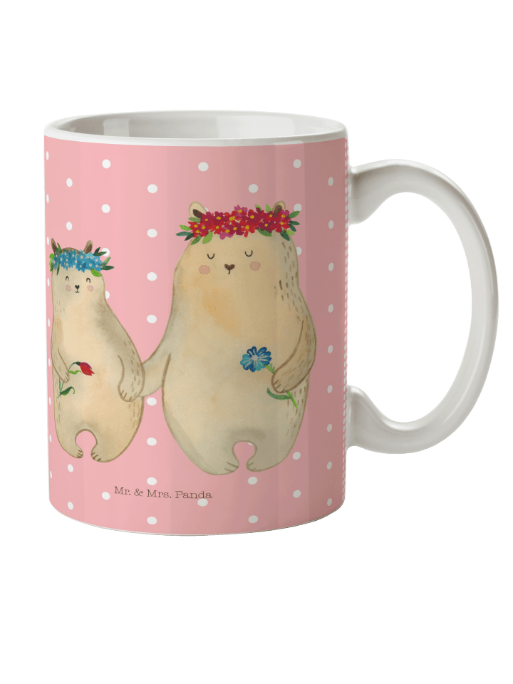 Kaffeebecher Bären mit Blumenkranz ohne Spruch in Rot Pastell