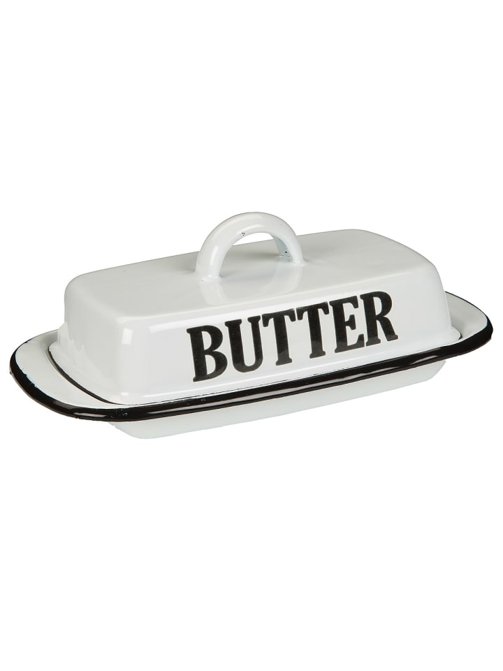 Butterdose aus Emaille in antikweiss