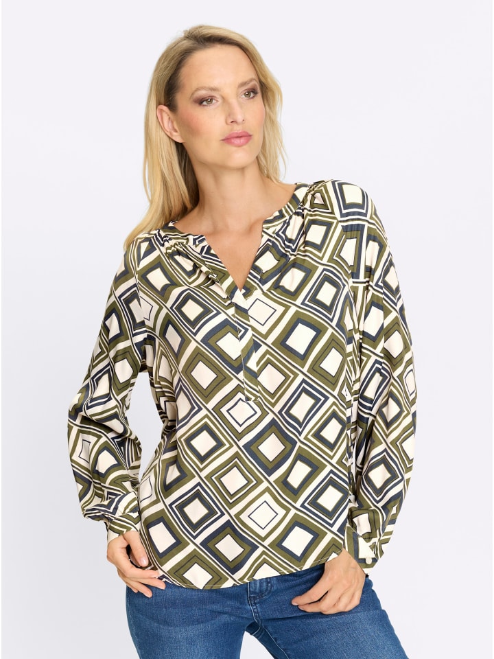 Druck-Bluse in khaki-champagner-bedruckt