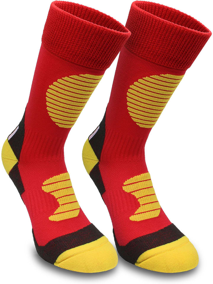 3 Paar Sportsocken mit Schienbein- und Fußrückenpolster in Rot/Gelb