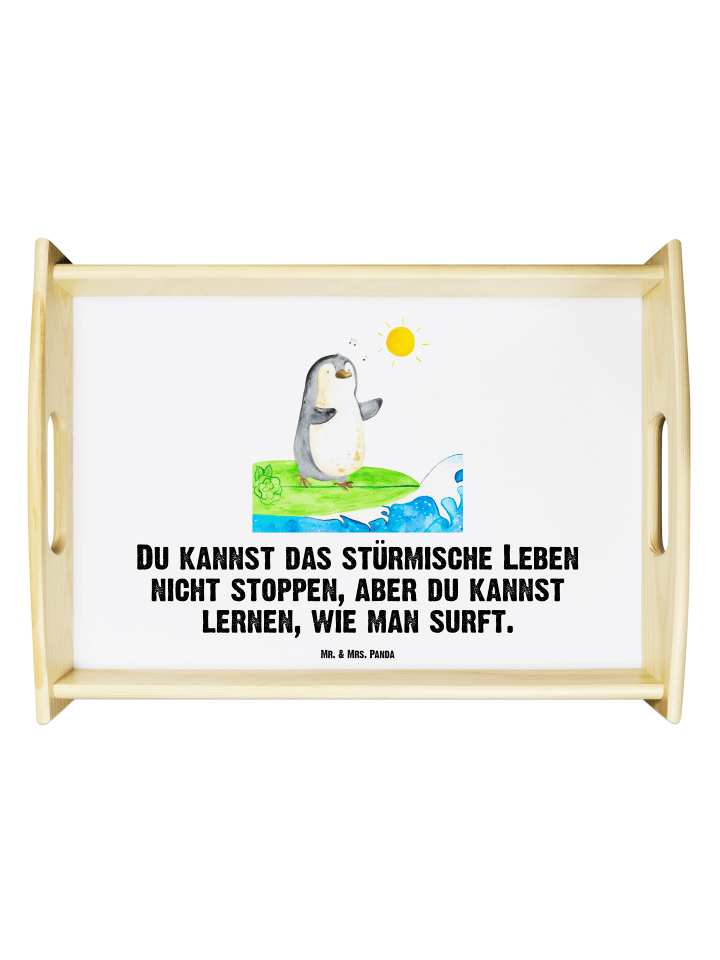 Tablett Pinguin Surfer mit Spruch in Weiß