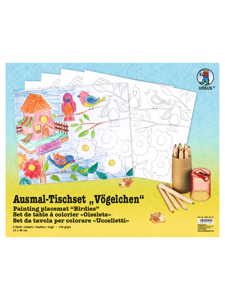 Ausmal-Tischset Vögelchen, 5 Blatt - ab 3 Jahren