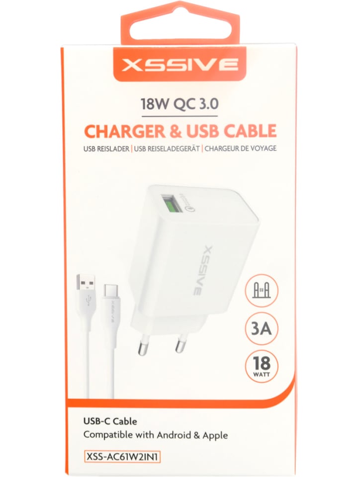 Dual Port Wandladegerät 18W, Schnelladung 3A USB-A & USB-C in Weiß