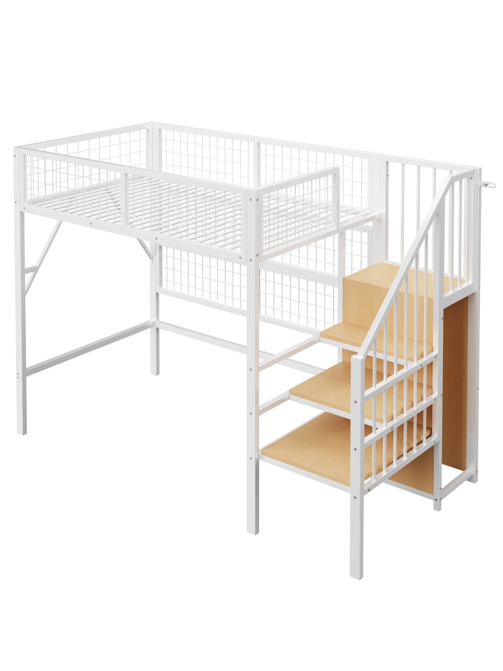 Etagenbett in Weiß mit LED Lichtleisten Treppe und Stauraum 90x200 cm