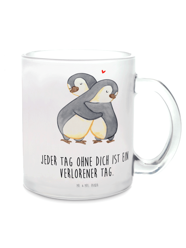 Becher Pinguine Kuscheln mit Spruch in Transparent