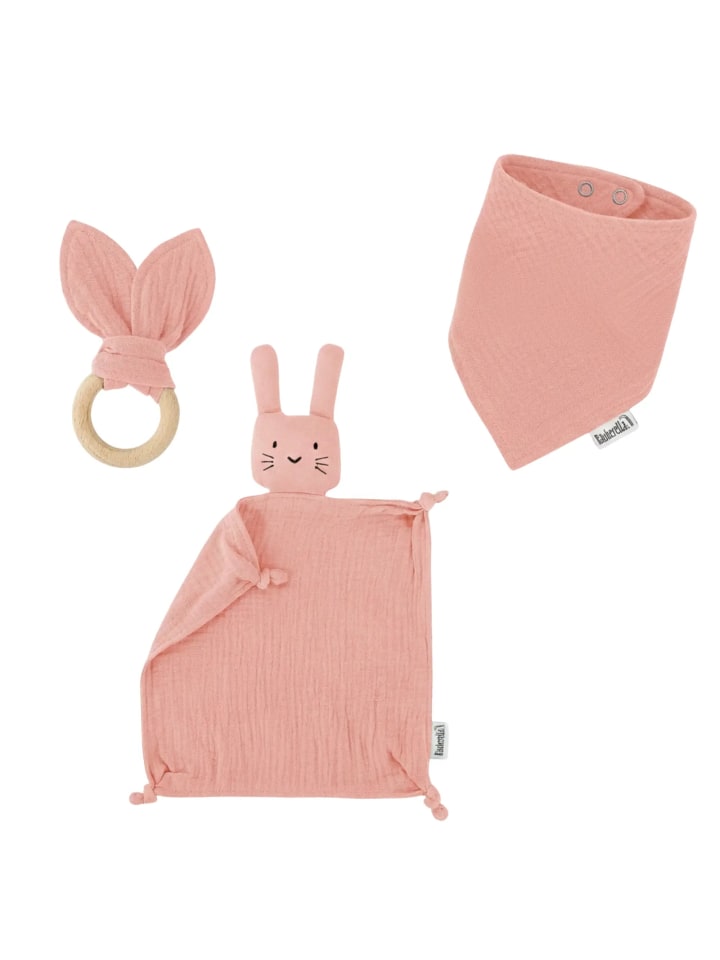 Baby Geschenkset Schmusetuch Hase, Holz-Beißring & Halstuch in Rosa - 10x10 cm