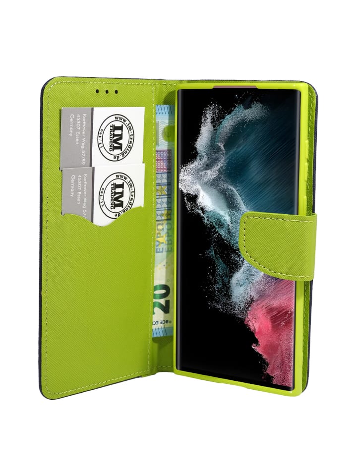 Buch Tasche "Fancy" Standfunktion kompatibel mit iPhone 16 Pro Max Blau-Grün in Blau-Grün