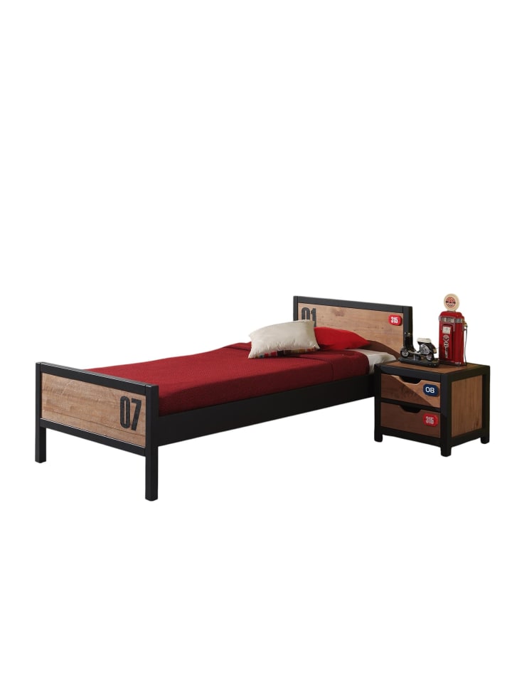 BETT mit Nachtkommode Kameko aus MDF+Massivholz Schwarz/Cognac