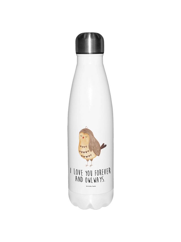 Wasserflasche Eule Zufrieden mit Spruch in Weiß