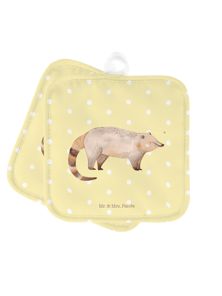 2er Set Topflappen  Nasenbaer ohne Spruch in Gelb Pastell