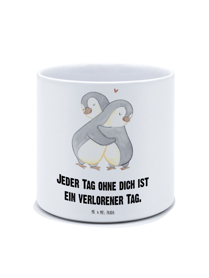 Blumentopf Groß Pinguine Kuscheln mit Spruch in Weiß