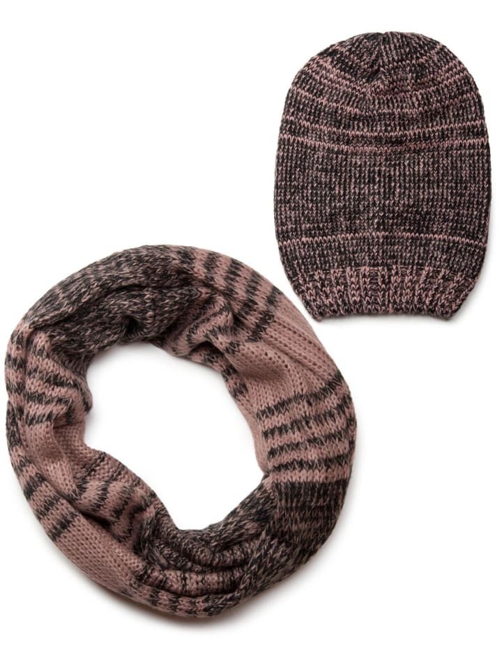 Strick Loop und Beanie Set in Schwarz-Rose