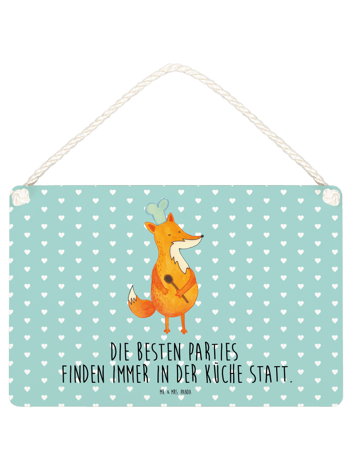 Wandtafel Fuchs Koch mit Spruch in Türkis Pastell