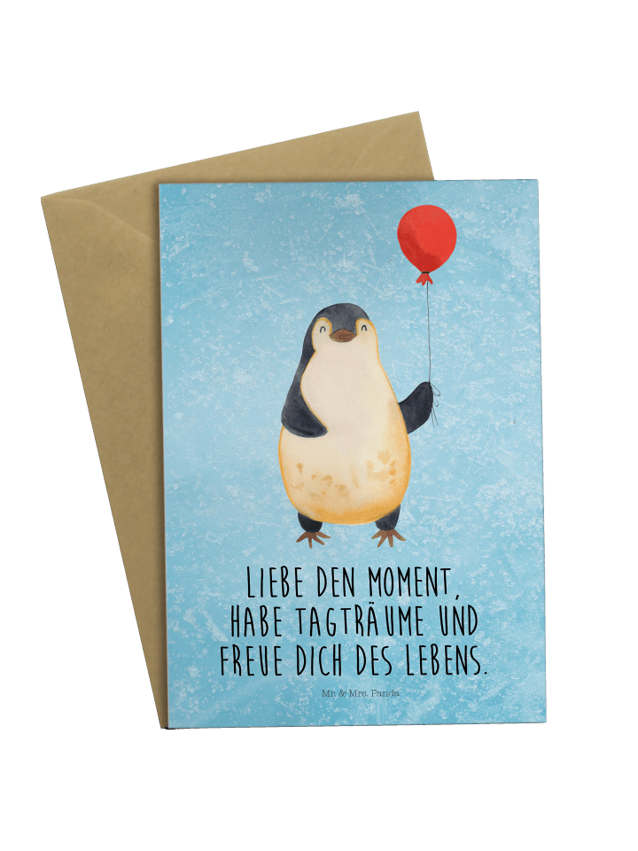 Grußkarte Pinguin Luftballon mit Spruch in Eisblau