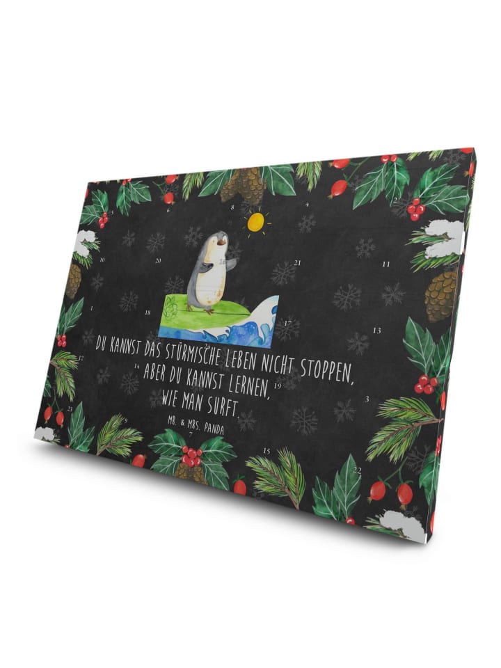 Adventskalender Pinguin Surfer mit Spruch in Kreidetafel
