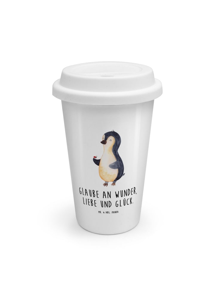 Keramikbecher Pinguin Marienkäfer mit Spruch in Weiß