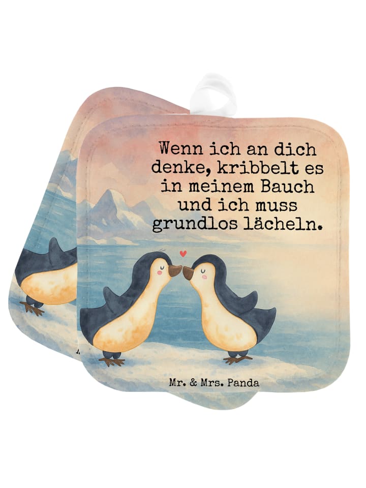 Topflappen Pinguine Kuss Design mit Spruch in Weiß
