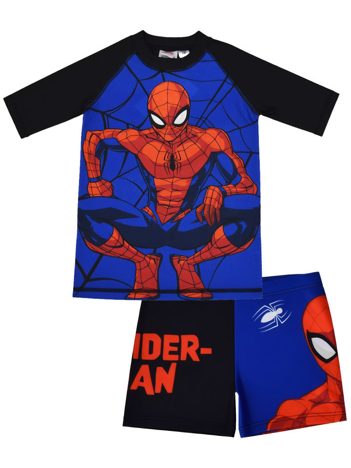 Marvel Spiderman Schwimmset UV-Schutz 30 Badeanzug kurzarm Shirt in blau/schwarz