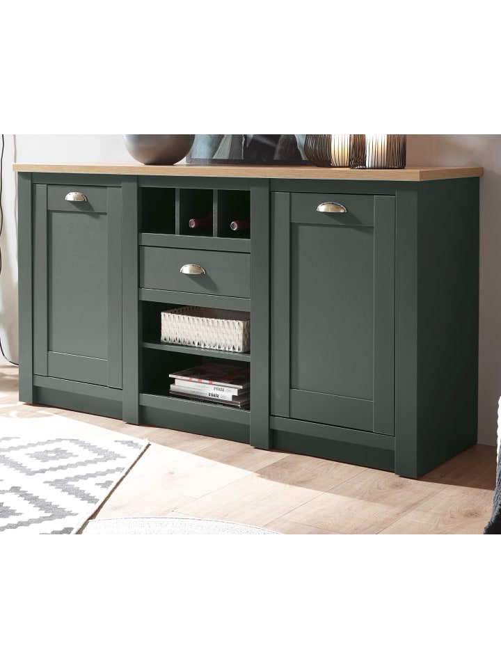 Sideboard grün, Wotan Eiche Landhaus, Kommode mit Weinregal