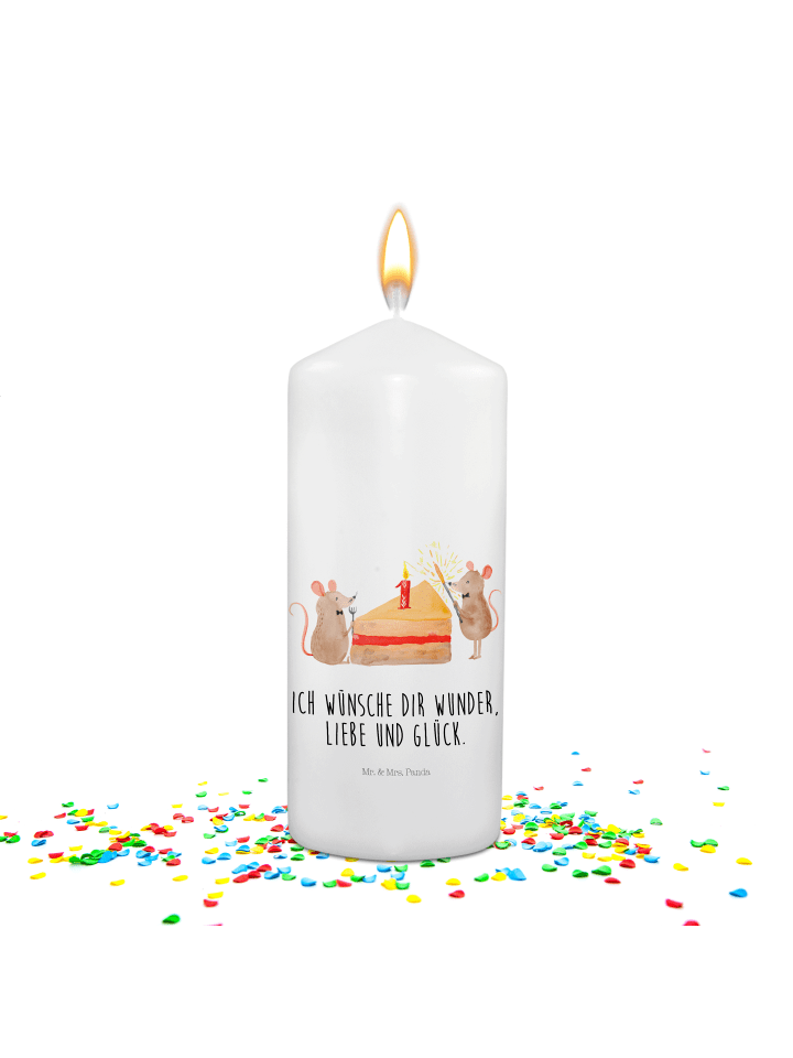 Kerze 1. Geburtstag Mäuse Kuchen mit Spruch in Weiß