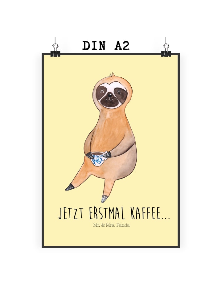 Wandposter Faultier Kaffee mit Spruch in Gelb Pastell