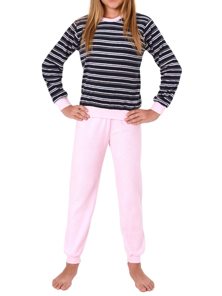 Frottee Pyjama langarm Schlafanzug Bündchen Streifen - 50623 in marine