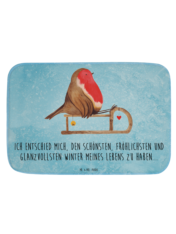Badematte Rotkehlchen Schlitten mit Spruch in Eisblau