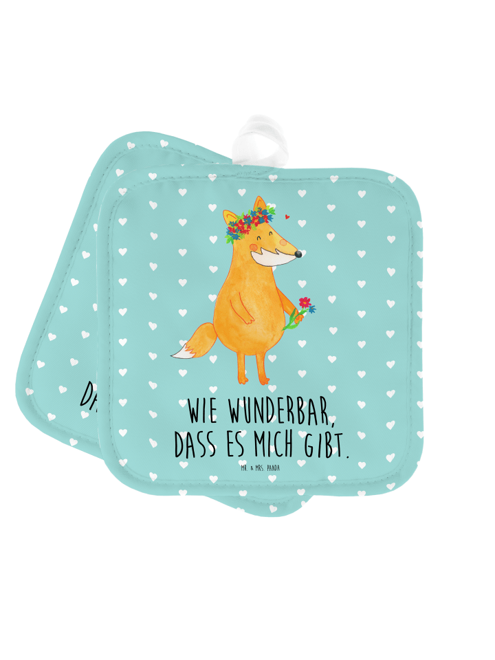 Potholder Fuchs Blumen mit Spruch in Türkis Pastell