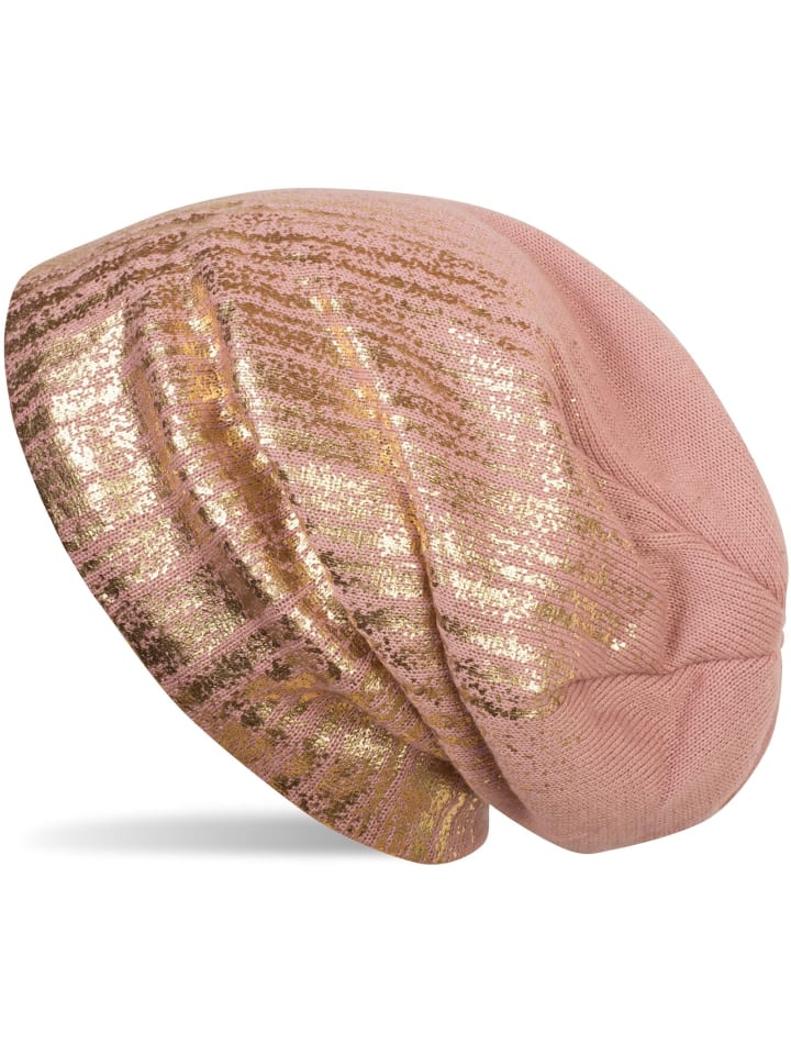 Feinstrick Beanie Mütze in Altrose / Gold