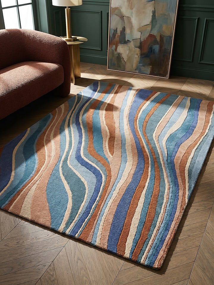 Teppich Wolle Handgetuftet DERWENT Wellen Muster Wohnzimmer in Multicolor-Blau