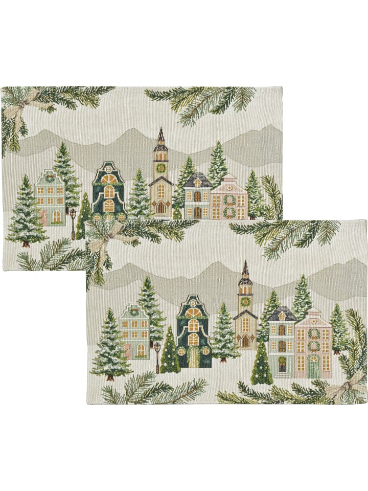 Baumwollmischung, Gewebt, Gobelin Tischset 2er-Pack Xmas Valley in grün/grau