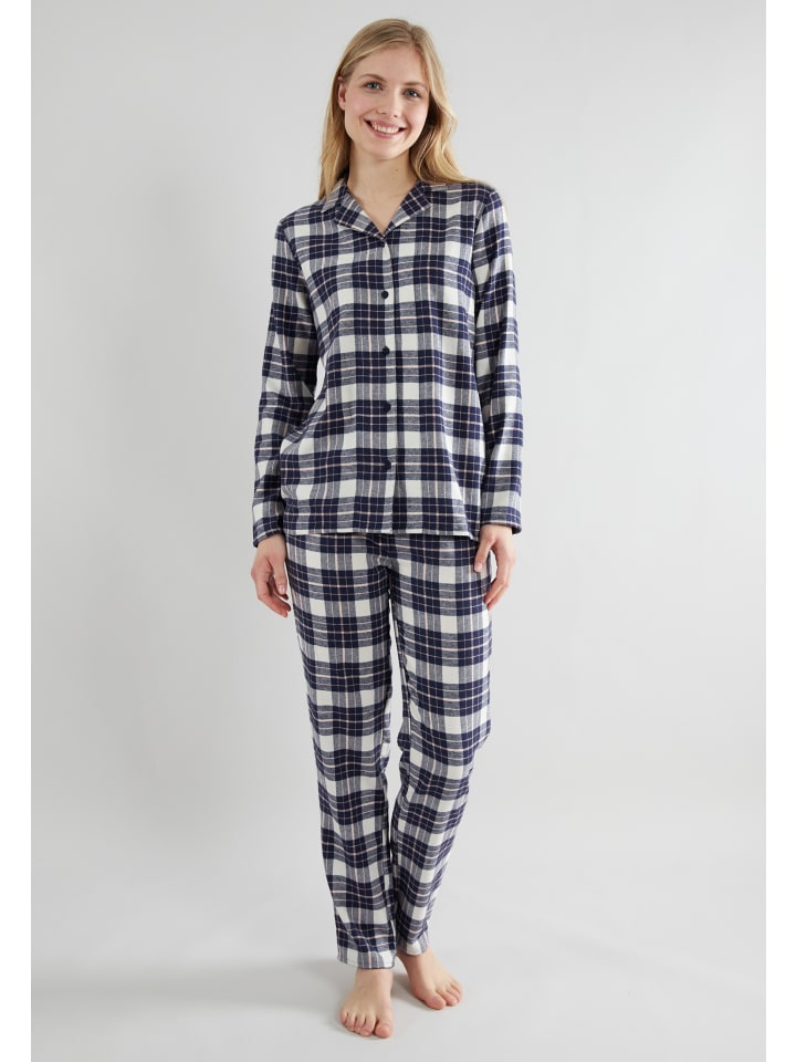 Flanell Pyjama, Lang Josselin in blau-mittel-Karo