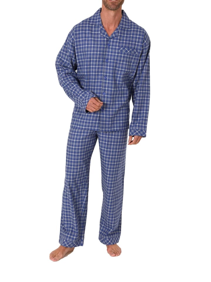 Flanell Pyjama Schlafanzug zum durchknöpfen - 70112 in blau