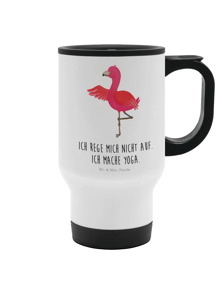 Thermobecher Flamingo Yoga mit Spruch in Weiß