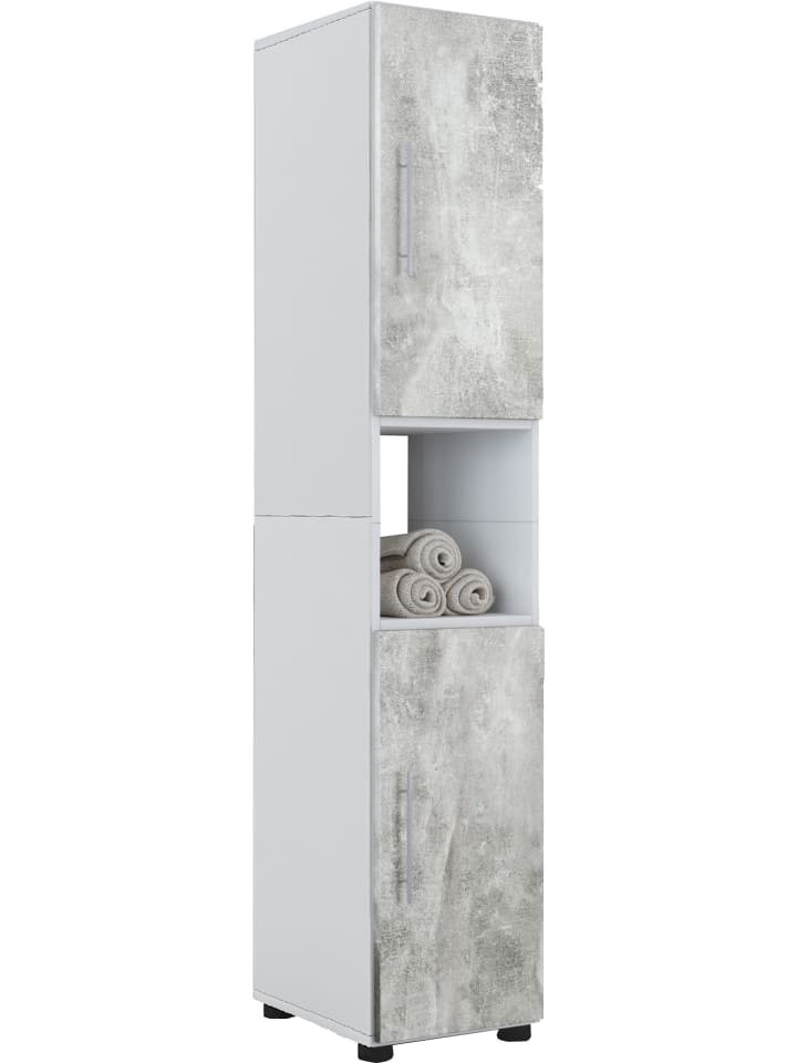 Holz Badmöbel Badschrank Hochschrank Flandu in Weiß / Beton-Optik