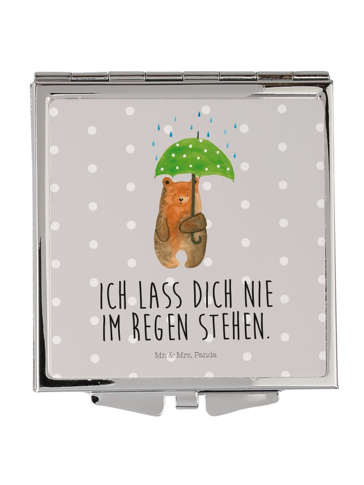 Handtaschenspiegel Bär Regenschirm mit Spruch in Grau Pastell