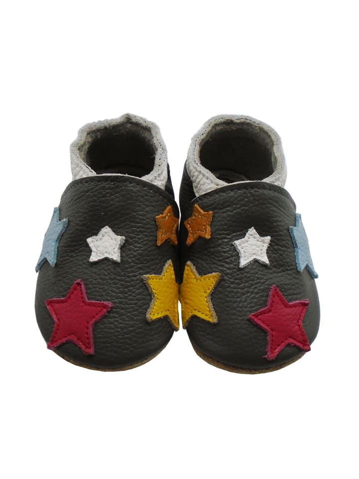 Leder Babyschuhe mit buntem Sternmuster, rutschfeste Sohle, schwarz