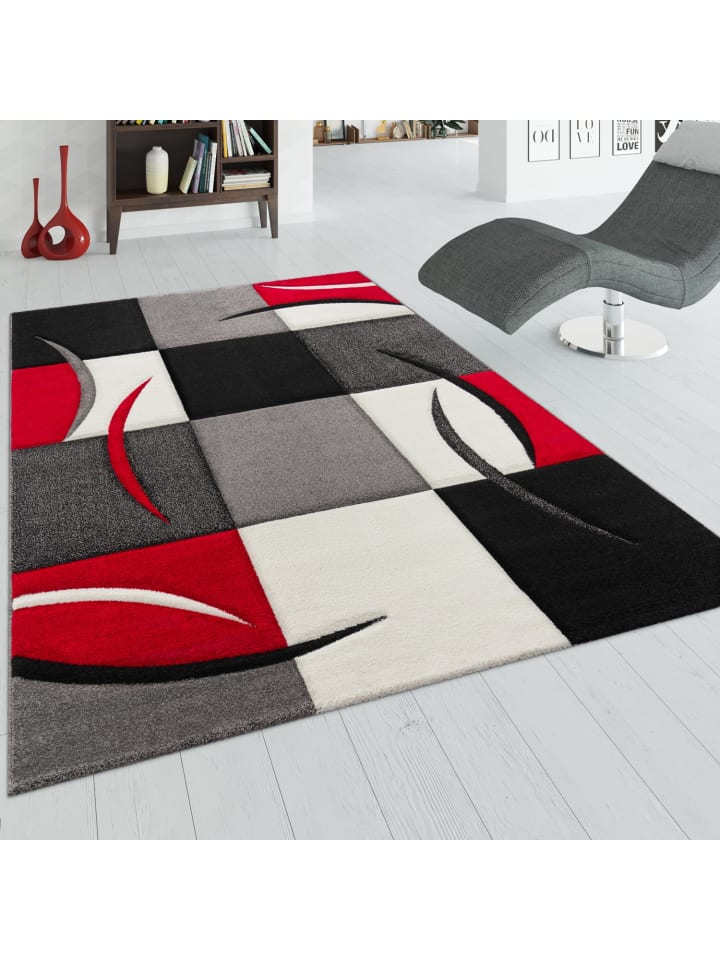Teppich Kurzflor Karo Wohnzimmer in Rot