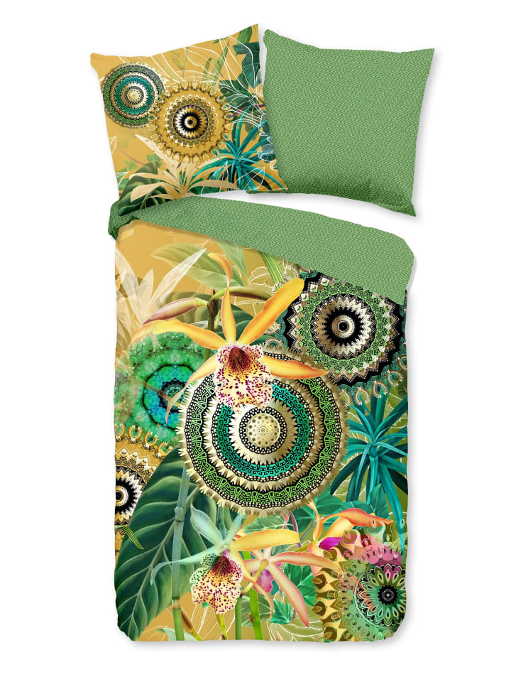 Satin Bettwäsche - Yissa - Mandalas mit Blüten, grün, gelb in gelb