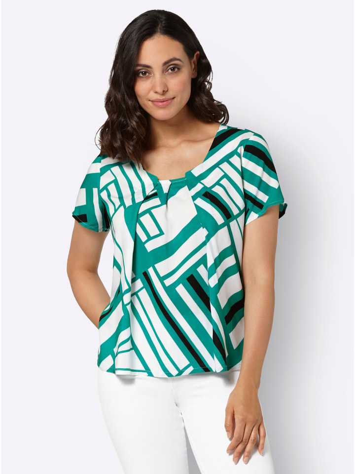 Druckbluse in smaragd-ecru-bedruckt