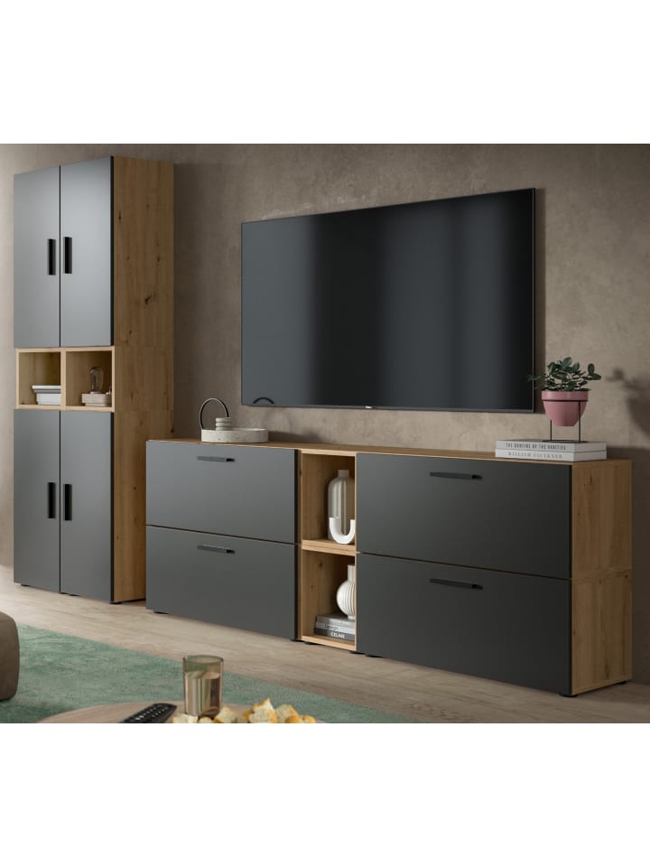 Wohnwand in grau und Artisan Eiche 256 cm, Wohnkombination mit Soft-Close